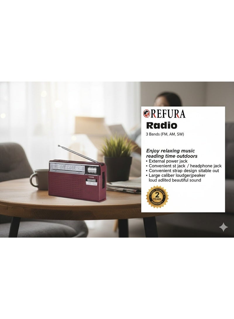 REFURA راديو محمول باستقبال 3 نطاقات مع غطاء أمان جلدي وحامل حزام، BT-USB-SD-TF-FM-AM-SW RE-218D - Image 1